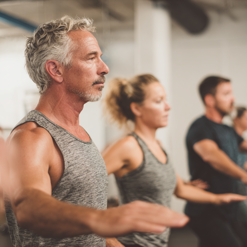 experienced fitness instructor guiding middle-aged adults in natural movement exercises