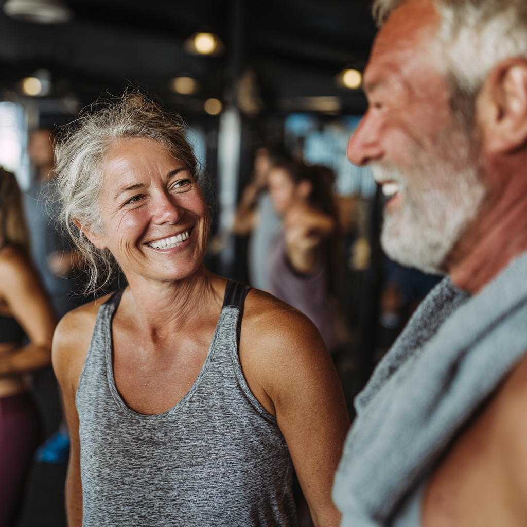 supportive fitness community with mature adults encouraging each other during workout
